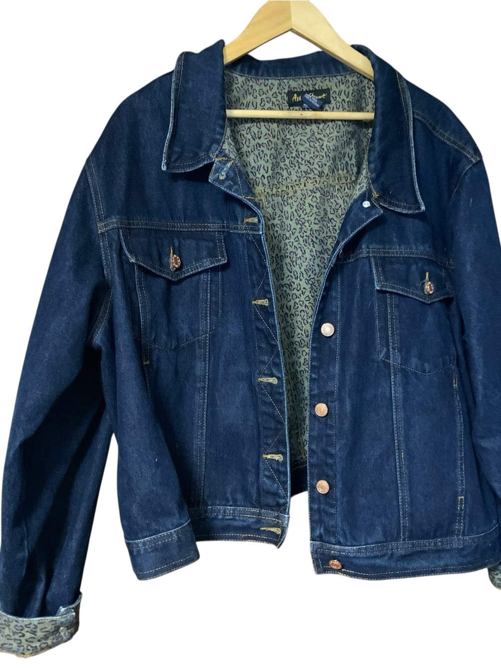 Ashley Stewart Dark Blue Denim Jacket with Leopard Print Lining 3X Plus Size 26